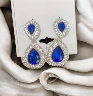 Elegant Blue Teardrop Earrings – Double Gem Design with Diamond Halo