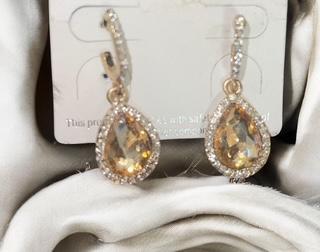 Golden Crystal Drop Earrings – Champagne Sparkle with Diamond Halo